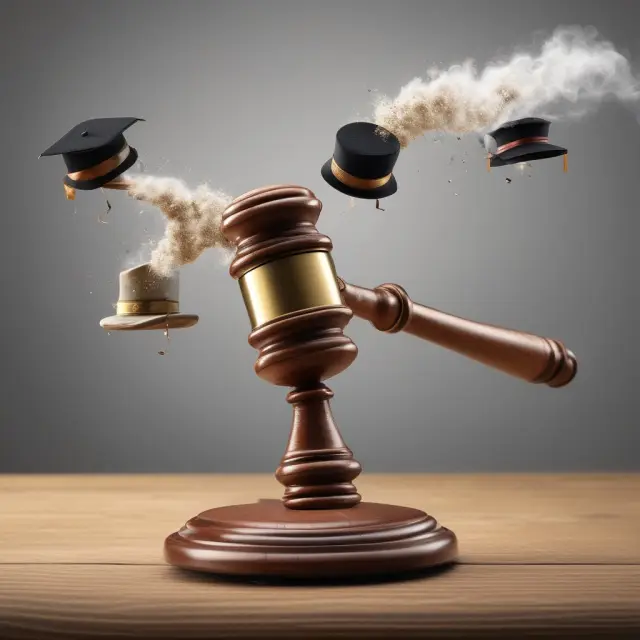 A gavel strikes the table during an RFQ evaluation, causing three hat-wearing bidders to react and remove their hats. This illustrates the awarding phase of an RFQ.