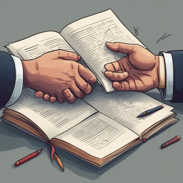 An open book filled with RFQ submissions leads to a handshake and signed contracts, symbolizing the closing phase of the RFQ process.