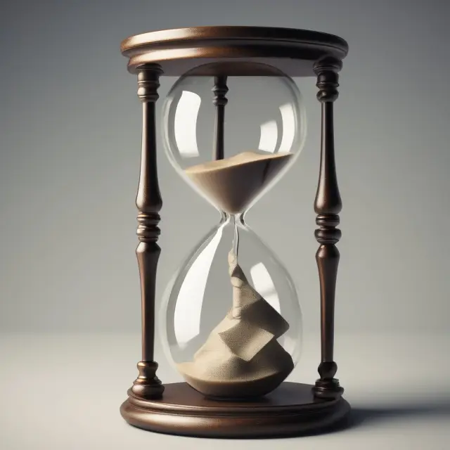 An hourglass symbolizing RMDs with clock hands indicating age 73, signifying the new age for starting distributions.