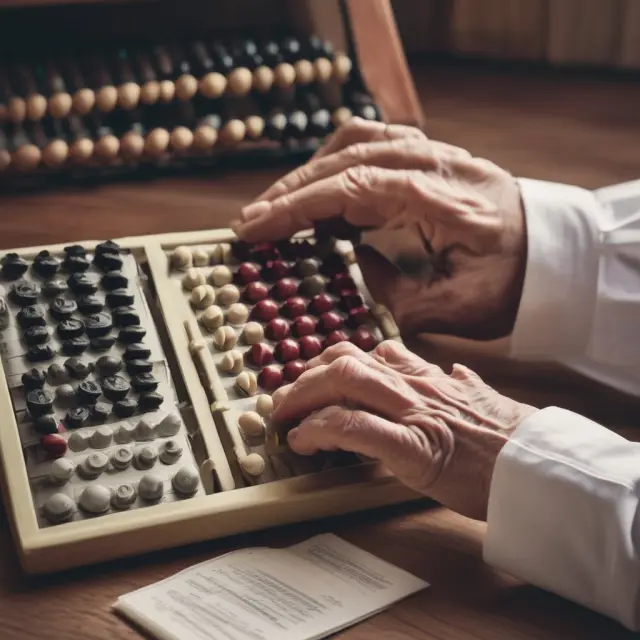 Elderly person performing RMD calculations using an abacus and IRS tables. Image includes a background clock representing time constraints for retirement savings management.