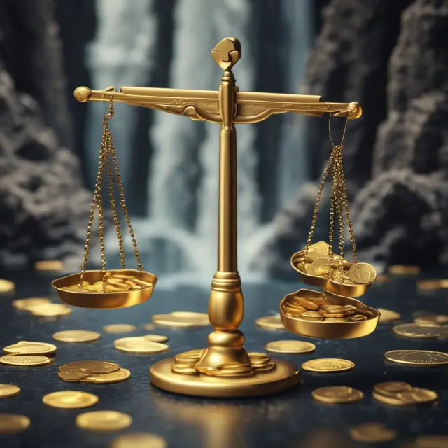 Gold scales balanced with coins (shares) and a cascading waterfall of dividends and growth rates