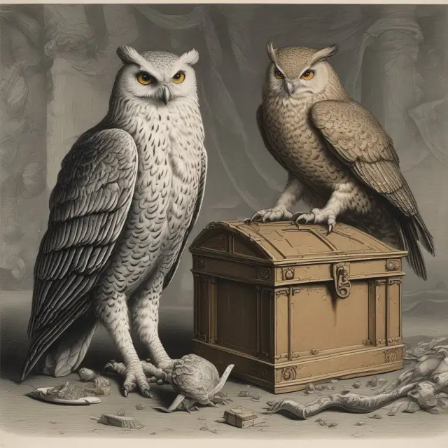 An image depicting an eagle symbolizing capital requirements and an owl representing reserve requirements, both guarding a treasure chest filled with a bank