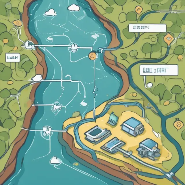 A flowing river connects requisition, purchasing, and payment in a purchase-to-pay system