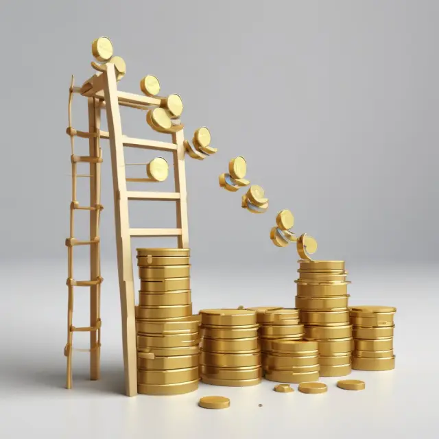 Ladder symbolizing career progression for a research analyst, featuring golden coins representing salary increases.