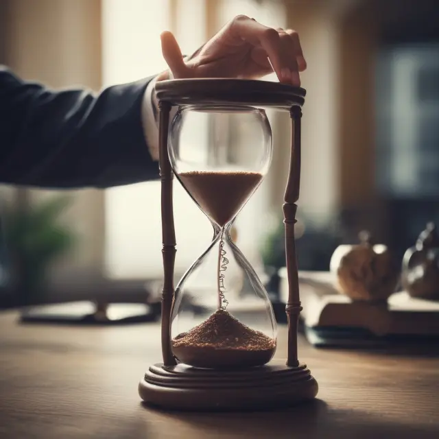 Research analyst analyzing financial data to provide valuable investment insights. Hourglass represents time and transformation into informed decisions.