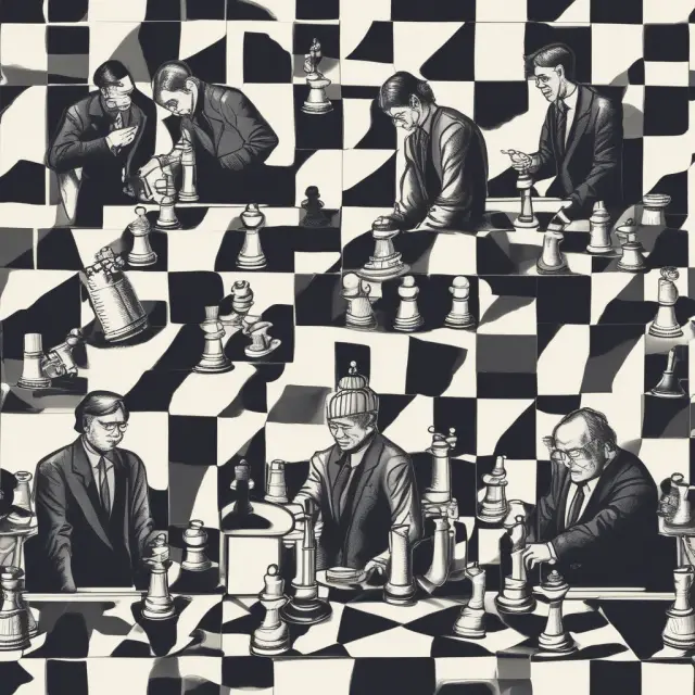 A research analyst and financial analyst playing a game of chess, symbolizing their distinct roles and expertise in finance: one gathering data while the other analyzing economic principles.