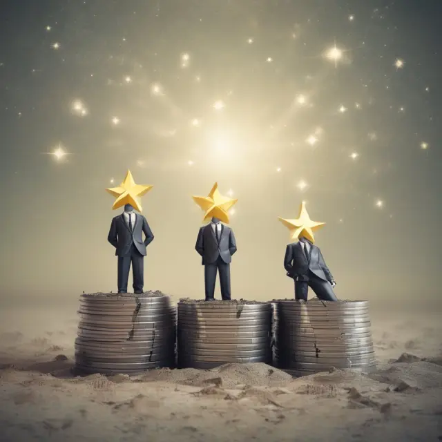 Three stars symbolizing Mary Meeker, Jim Chanos, and Meredith Whitney represent influential research analysts rising above the financial sector horizon.
