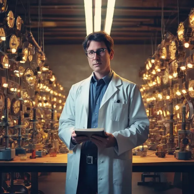 A scientist in a lab coat stands amidst gears and lightbulbs, symbolizing research and development, with tax incentive documents flying nearby