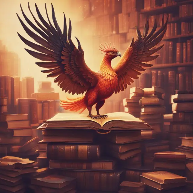 Phoenix emerging from books symbolizing R&D: research as knowledge foundation, development as growth and innovation.