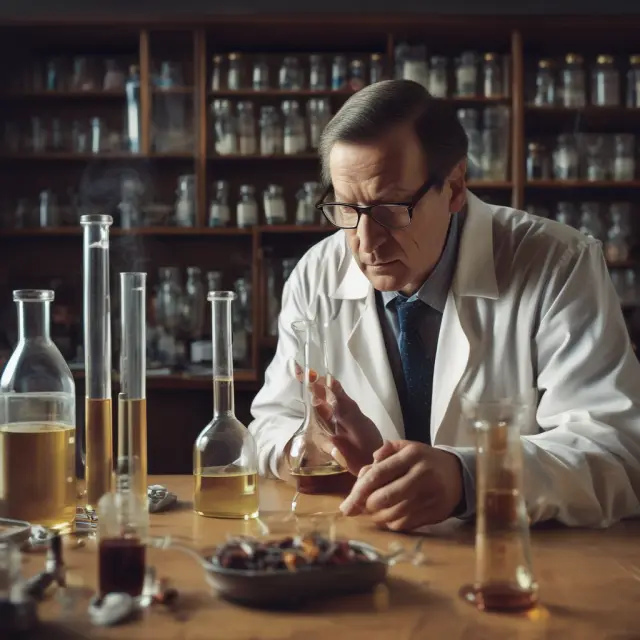 Scientist at a lab table conducting research with beakers and test tubes - Innovation, knowledge and R&D expenses