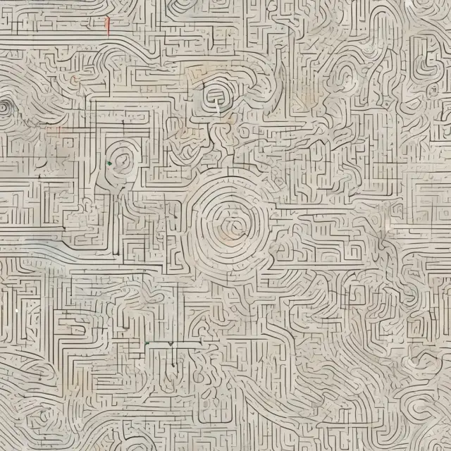 An explorer navigating a labyrinth, symbolizing the challenges and obstacles faced by research associates. Their journey is filled with analytical skills, time management, communication, and data.