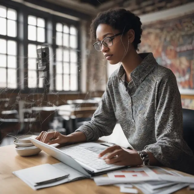 Research associate working at their desk, utilizing databases, financial modeling software, and market data platforms to analyze financial information for investment insights