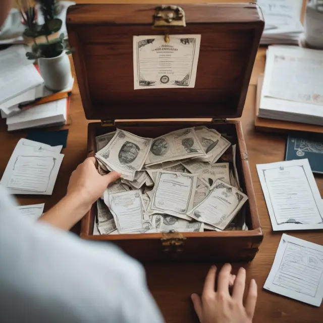 Student studying with financial charts and certifications in a treasure chest