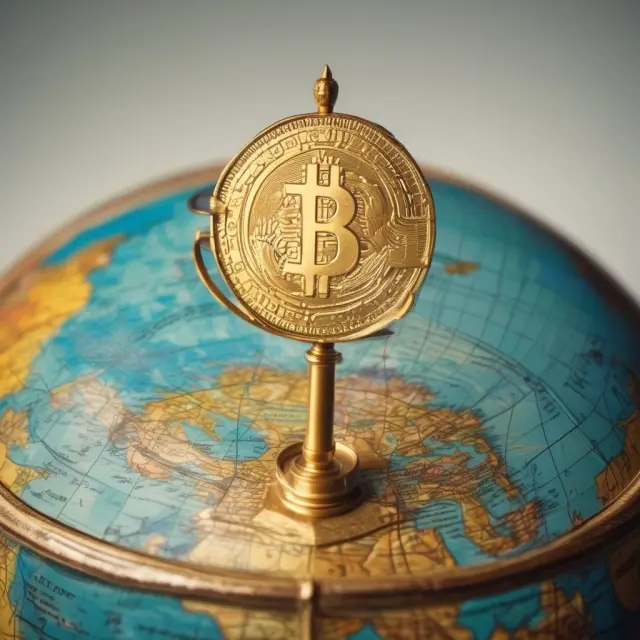 A golden dollar coin atop a globe, teeters between two scales representing monetary policies and geopolitical risks