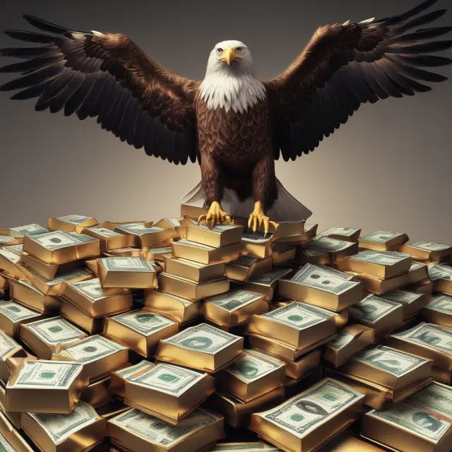 An eagle sits on gold and dollar stacks, representing the US dollar