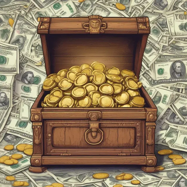 Treasury chest filled with gold coins and currency representing the growth and security of a well-maintained reserve fund