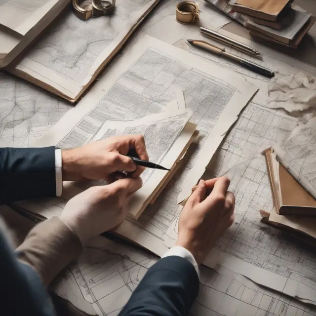An expert examines aged books filled with financial data, economic charts, and building plans to determine an appropriate reserve fund size for a property