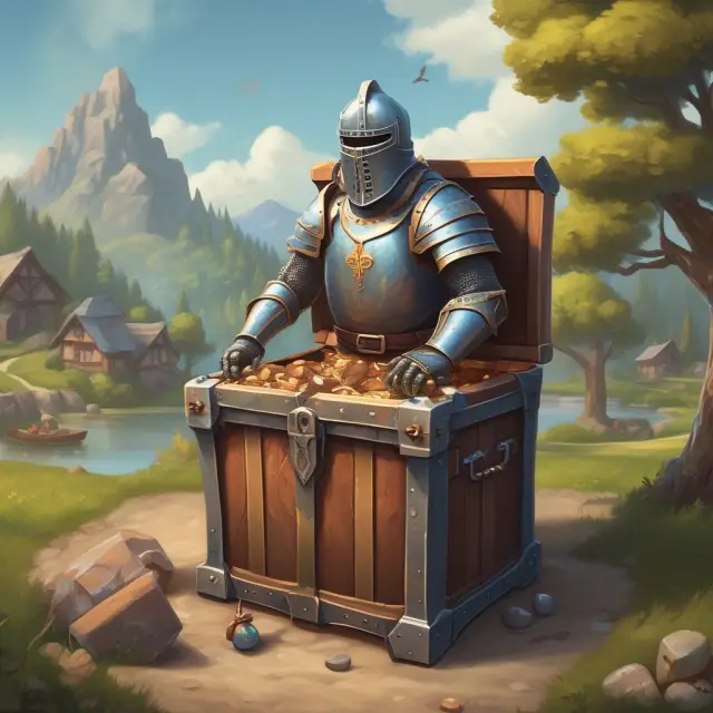 A knight standing guard over a treasure chest filled with financial reserves, symbolizing the protection of an HOA or condominium community against unexpected expenses