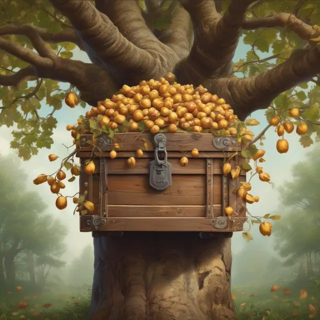 A treasure chest brimming with gold acorns symbolizes the benefits of properly managing an HOA reserve fund: maintaining property value and long-term savings.