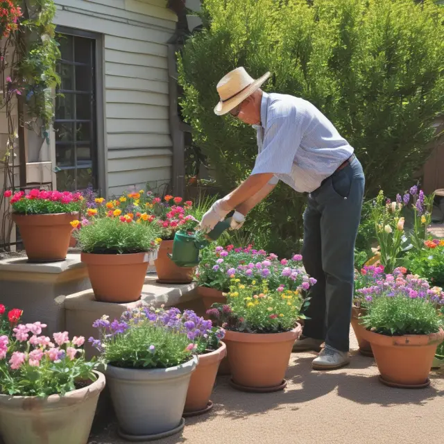Image of a gardener meticulously caring for two flower pots: one labeled 
