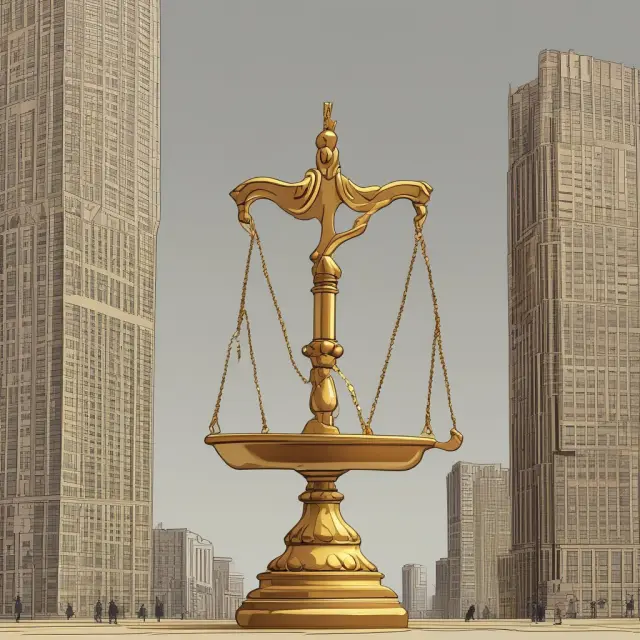 A golden scale with deposits on one pan and a balance of required and excess funds on the other, demonstrating the relationship between banks