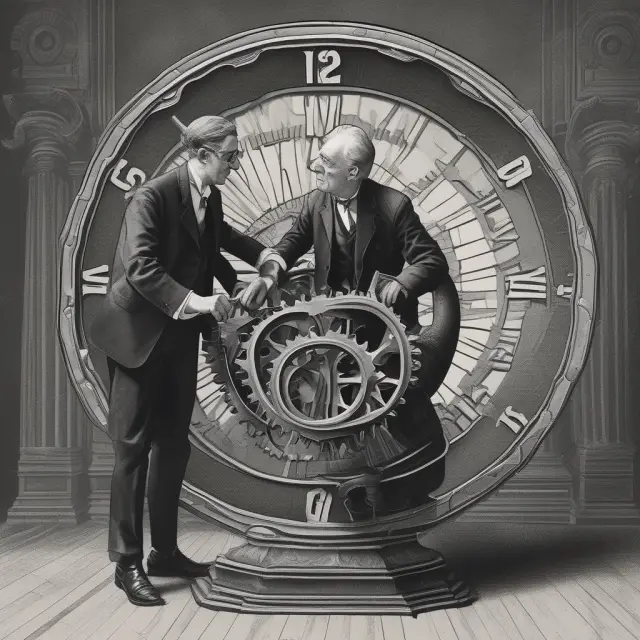 A Federal Reserve Chairperson sitting on a time machine, turning the gears to depict historical adjustments of the reserve ratio