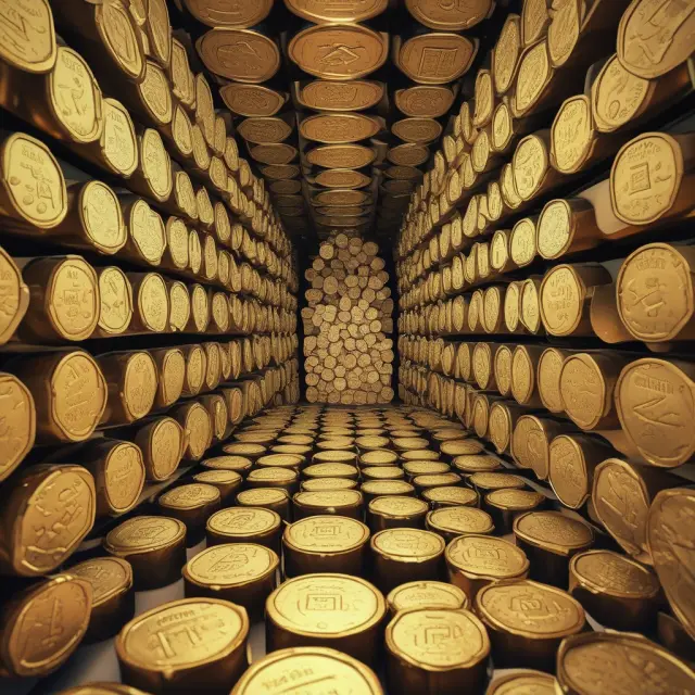A golden Federal Reserve vault filled with coins representing required and excess reserves, earning interest to maintain economic stability.