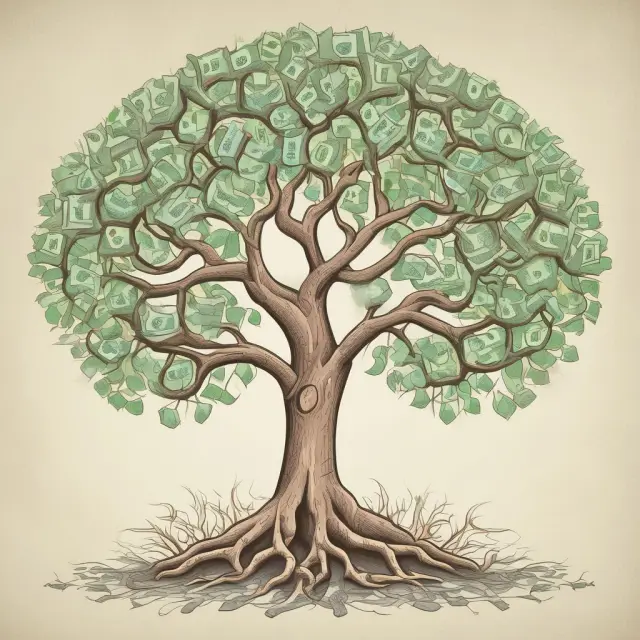 A money tree blooming with interlinked branches symbolizing various reserve ratios, while the roots depicting money multipliers