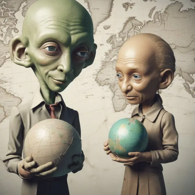 A resident alien holding a globe reporting worldwide income on Form 1040, and a non-resident alien with a simplified map using Form 1040NR to file U.S.-sourced income.