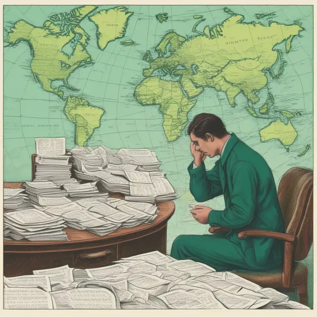 A determined immigrant sitting at a table, surrounded by piles of tax forms, with a green card and an unrolled world map in the background.