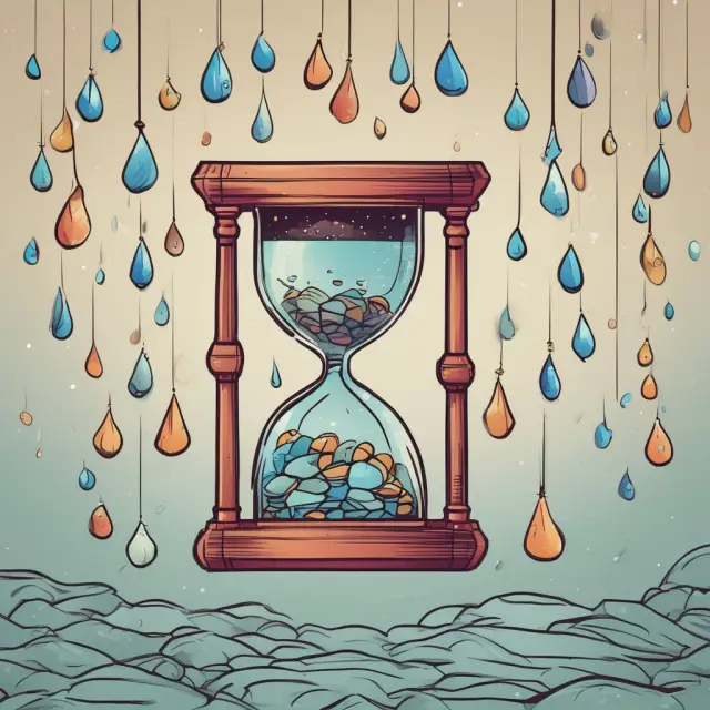 A glass hourglass filled with golden raindrops representing capital expenditures. The remaining space in the glass signifies retained earnings, illustrating residual dividends.