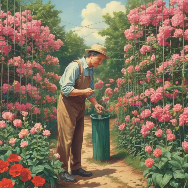 Gardener tending to garden representing a company, net income divided between capital expenditures (flowers) and ROA (blooming flowers)