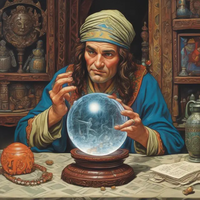 A mystic examining crystal ball containing residual values from different industries for insightful financial predictions