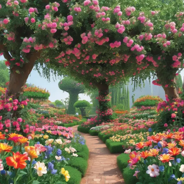 A garden filled with stock flowers offering dividends and bond blossoms bearing interest payments, illustrating residual income from stocks and bonds.