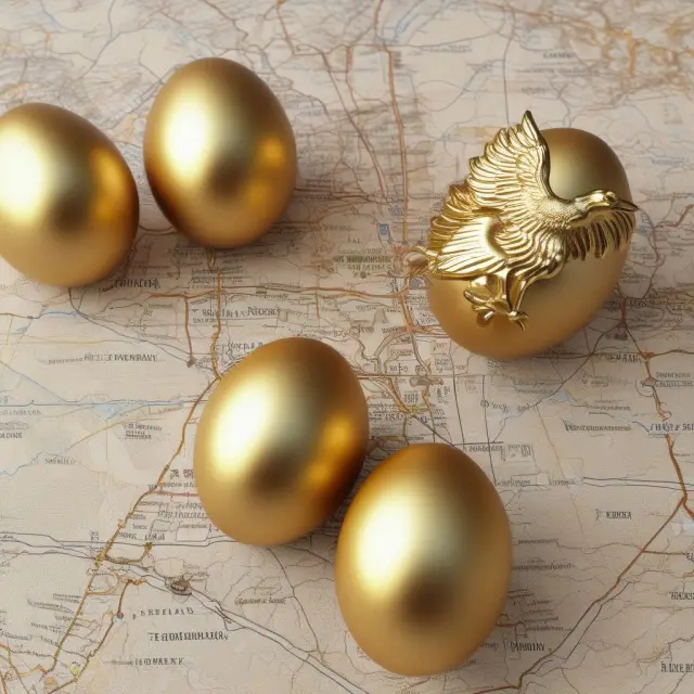A golden phoenix lays eggs symbolizing passive income on a map representing real estate investments