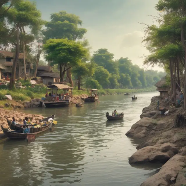 A riverbank scene with individuals engaging in P2P lending and selling stuff online, fostering residual income streams