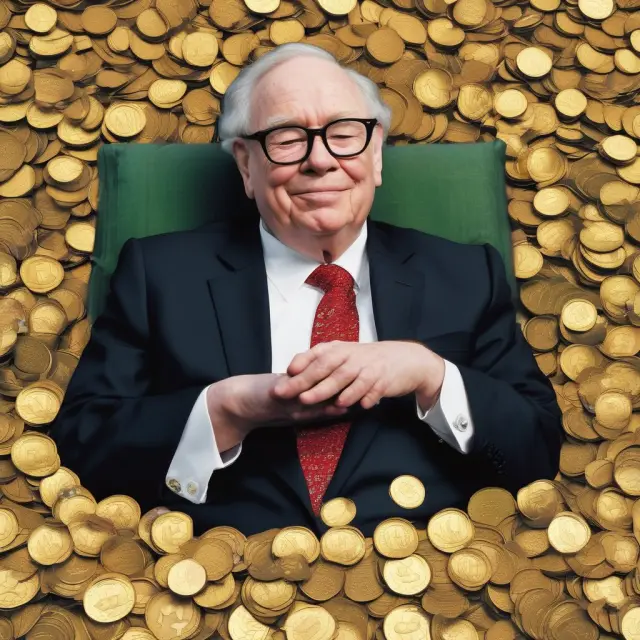Warren Buffett as an oracle sleeping on a bed of gold coins symbolizing passive income from stocks, bonds, and real estate