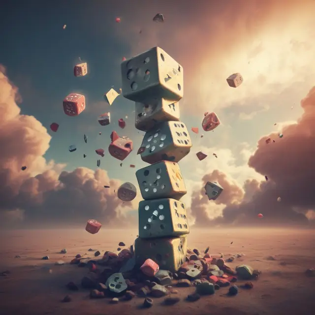 An unstable tower of risky dice collapses, representing S&L institutions taking on dangerous investments and causing the crisis.