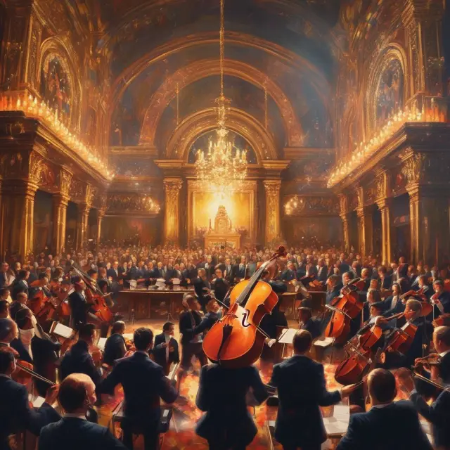 The Resolution Trust Corporation (RTC) leading an ensemble of assets on stage in a metaphorical orchestra, harmoniously creating value and minimizing market disruptions.