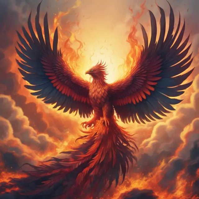 Phoenix rising from financial inferno with RTC logo, symbolizing crisis recovery and lessons learned