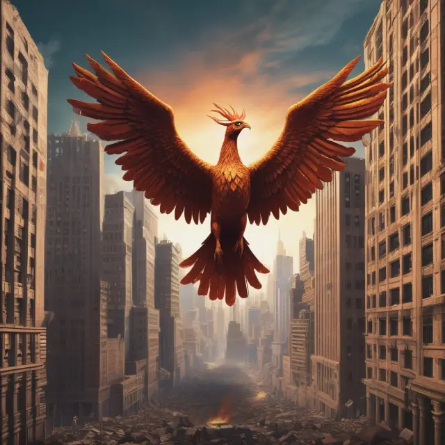 A mythical phoenix rising above crumbling S&L institutions, representing the Resolution Trust Corporation