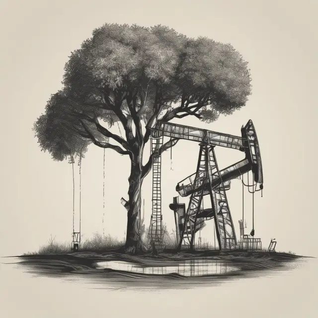 Oil well symbolizing resource abundance, and a lopsided tree illustrating an economy reliant on single industries