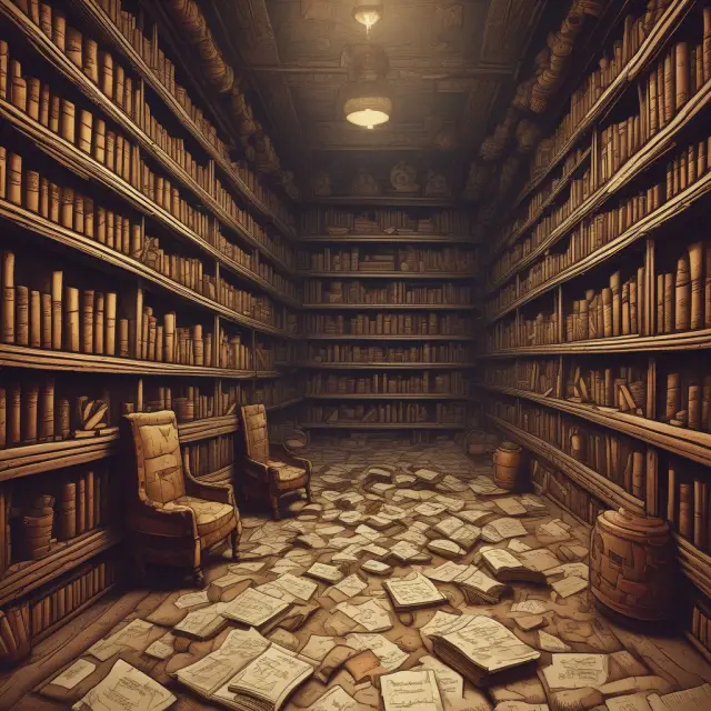 A library filled with scrolls displays a section dedicated to the resource curse concept, adorned with gold coins symbolizing historical studies.