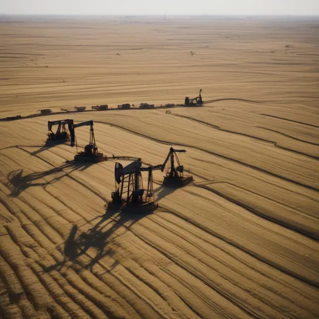 An image of oil wells surrounded by a struggling wheat field, representing the challenges faced by resource-dependent Angola in balancing its economy.
