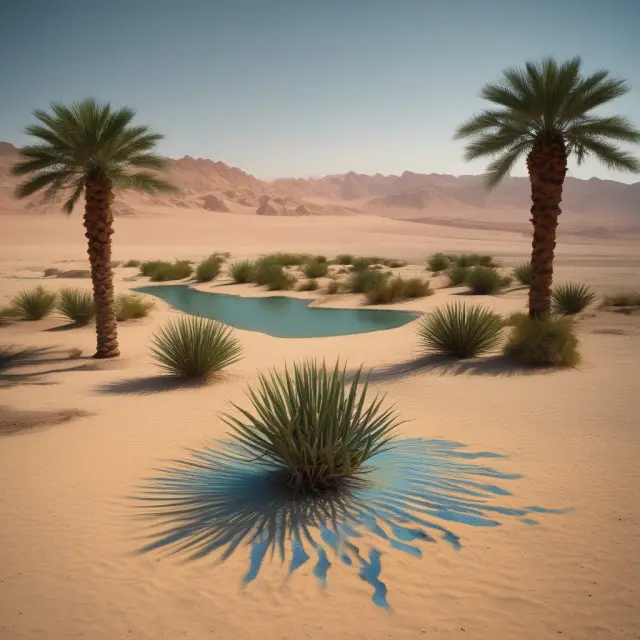 A desert mirage morphing into a lush, green oasis signifies Saudi Arabia