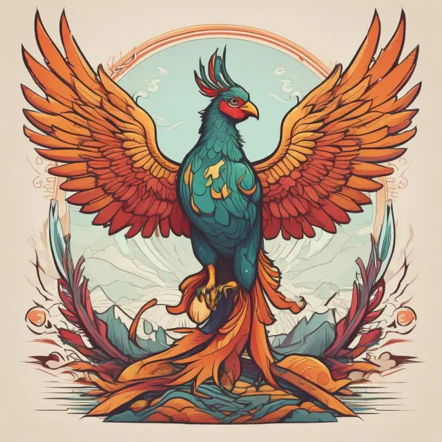 A fiery phoenix emerging from a pile of minerals and oil barrels, representing countries overcoming the resource curse.