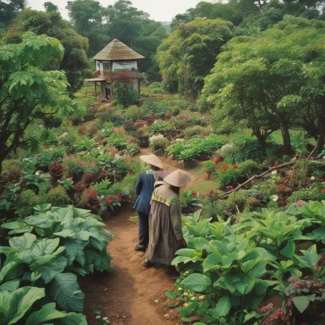 An image of foreign investors tending to a blooming garden of diverse industries, breaking free from a country
