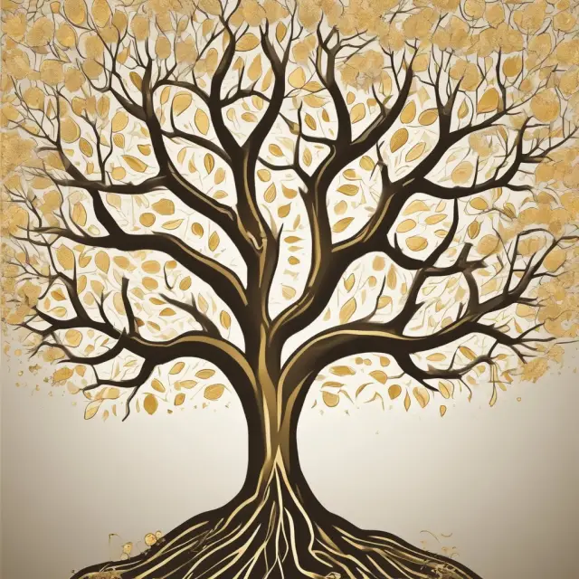 A tree with golden leaves blooming from branches signifying RESP contributions, symbolizing growth fueled by family funds and government grants.