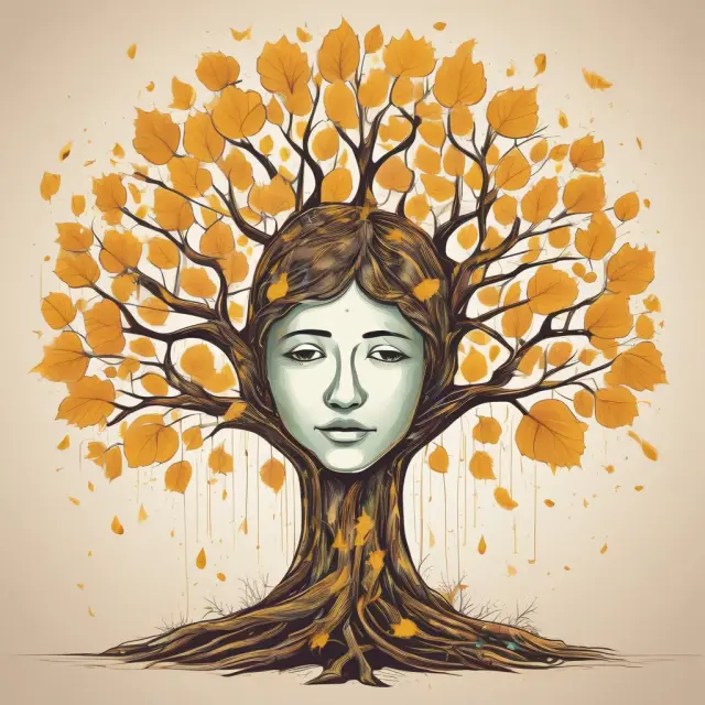 A family tree with golden leaves and children