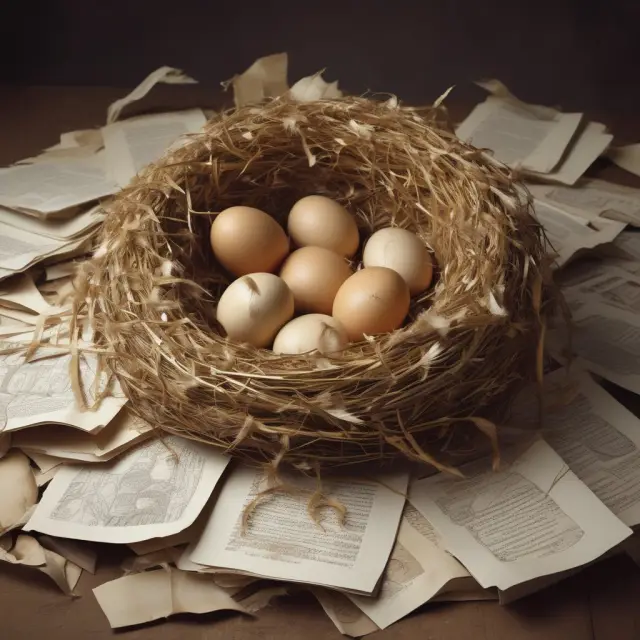 An image of a nest overflowing with golden coins representing RESP savings, from which hatch education-related items like books and bags.